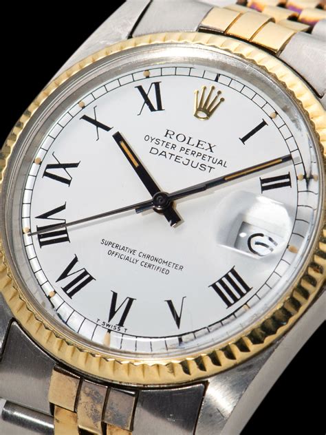 rolex two tone white buckley roman dial|Rolex buckley dial history.